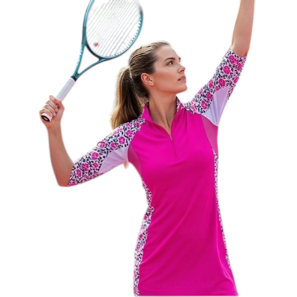 SAN SOLEIL Golf Dress with shorts Medium Pink Floral 1/4 Zip UPV 50 NWT $139 - Picture 9 of 13